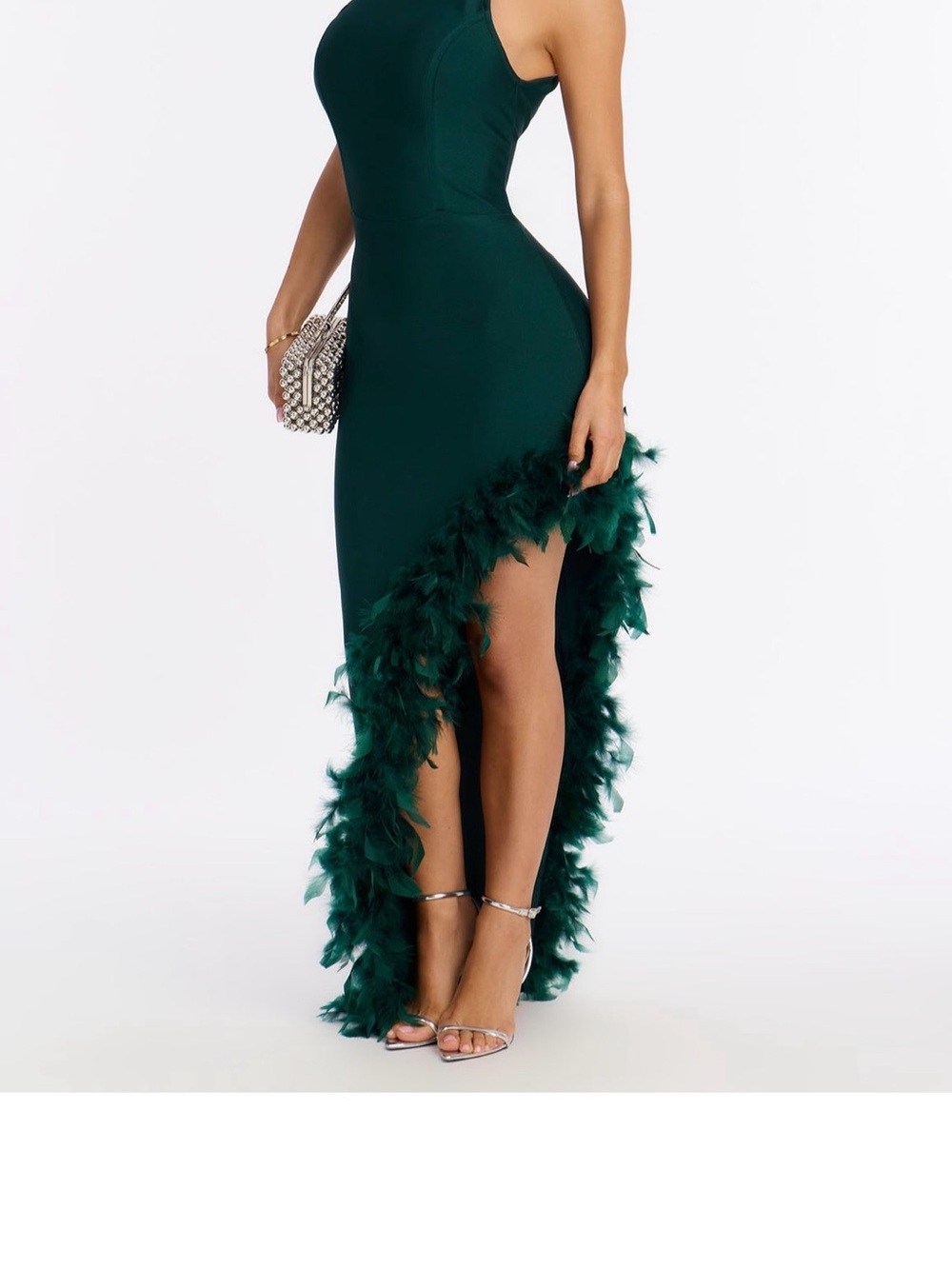 Fashion Nova Emerald Green Feather-Trim High-Low Dress